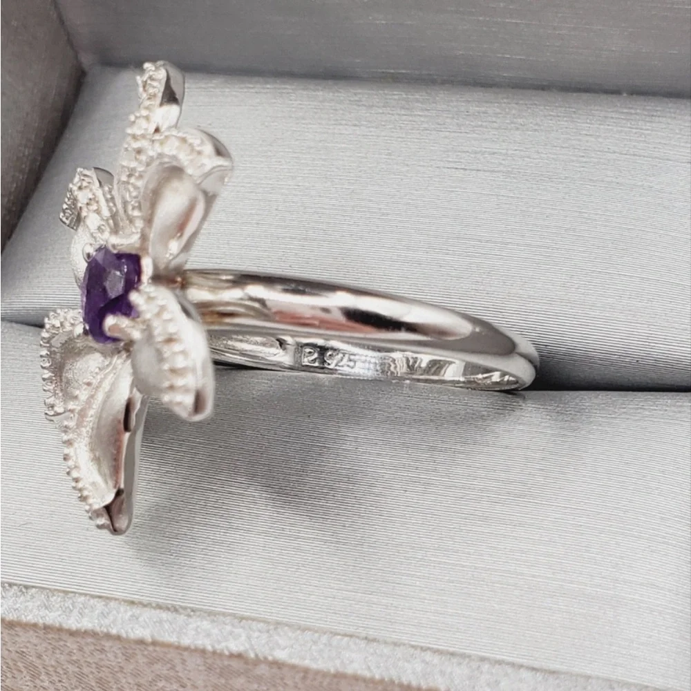 Genuine Round Purple Amethyst & Diamond Accent 925 Silver Flower Statement Ring
